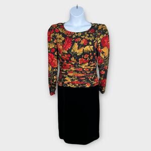 Vintage Maggy London Long Sleeve Silk Floral Black Velvet Evening Dress‎ Sz 12